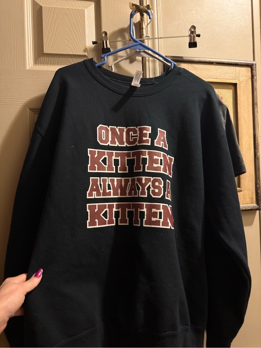Jerzees Black Crewneck Sweatshirt with Maroon and White Graphic